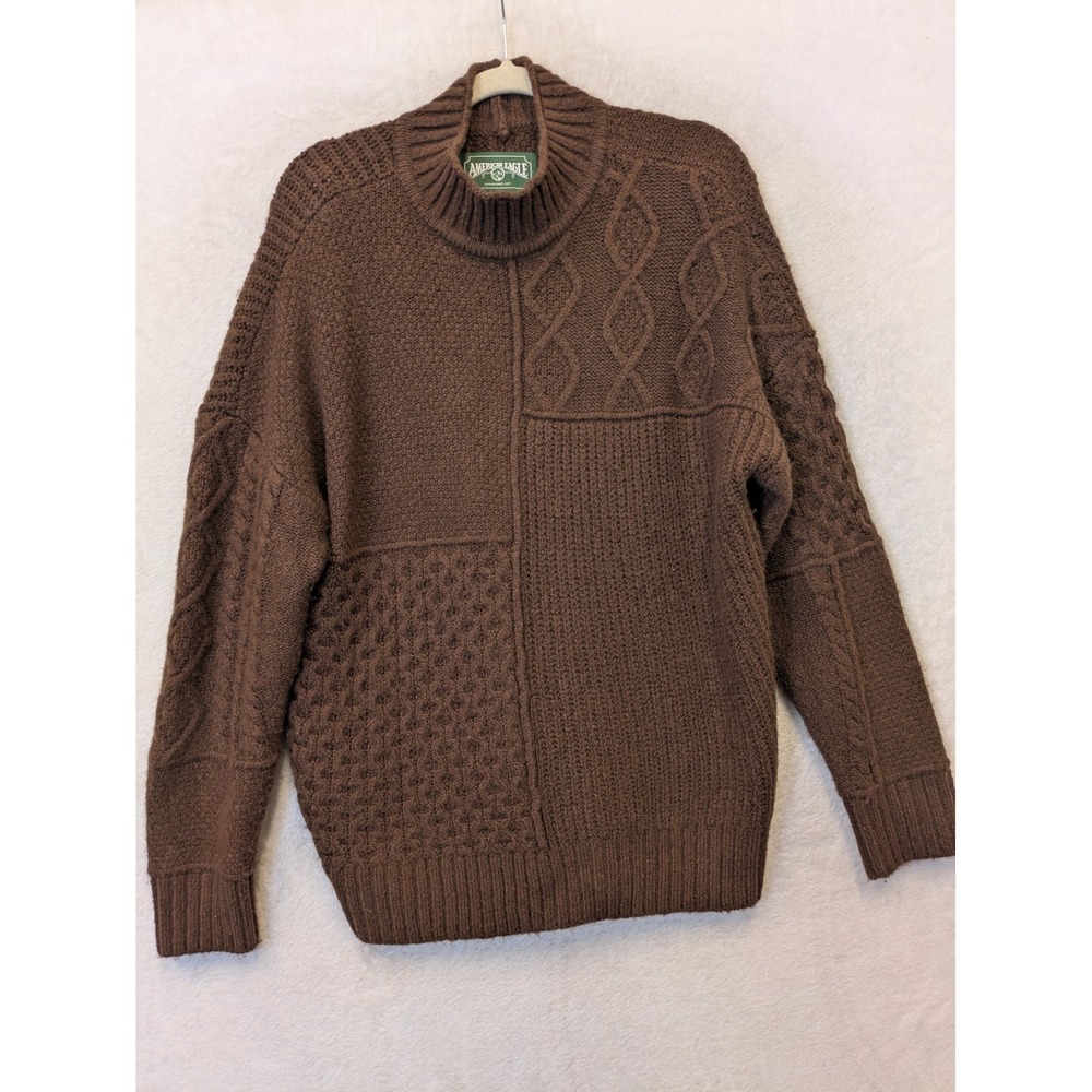 American Eagle Sweater Women's S Brown Patchwork Cable Knit Mock Neck Oversized
